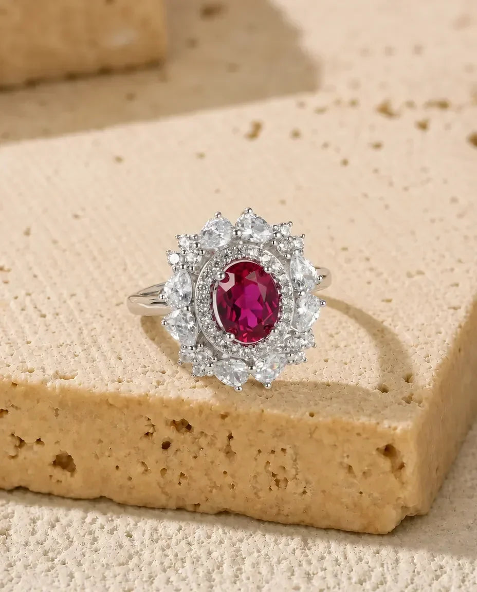 Rubinring – Oval Labbodlad Rubin 6 x 8 mm med Dubbel Vintagehalo, Öppen Justerbar Ring i 925 Sterling Silver