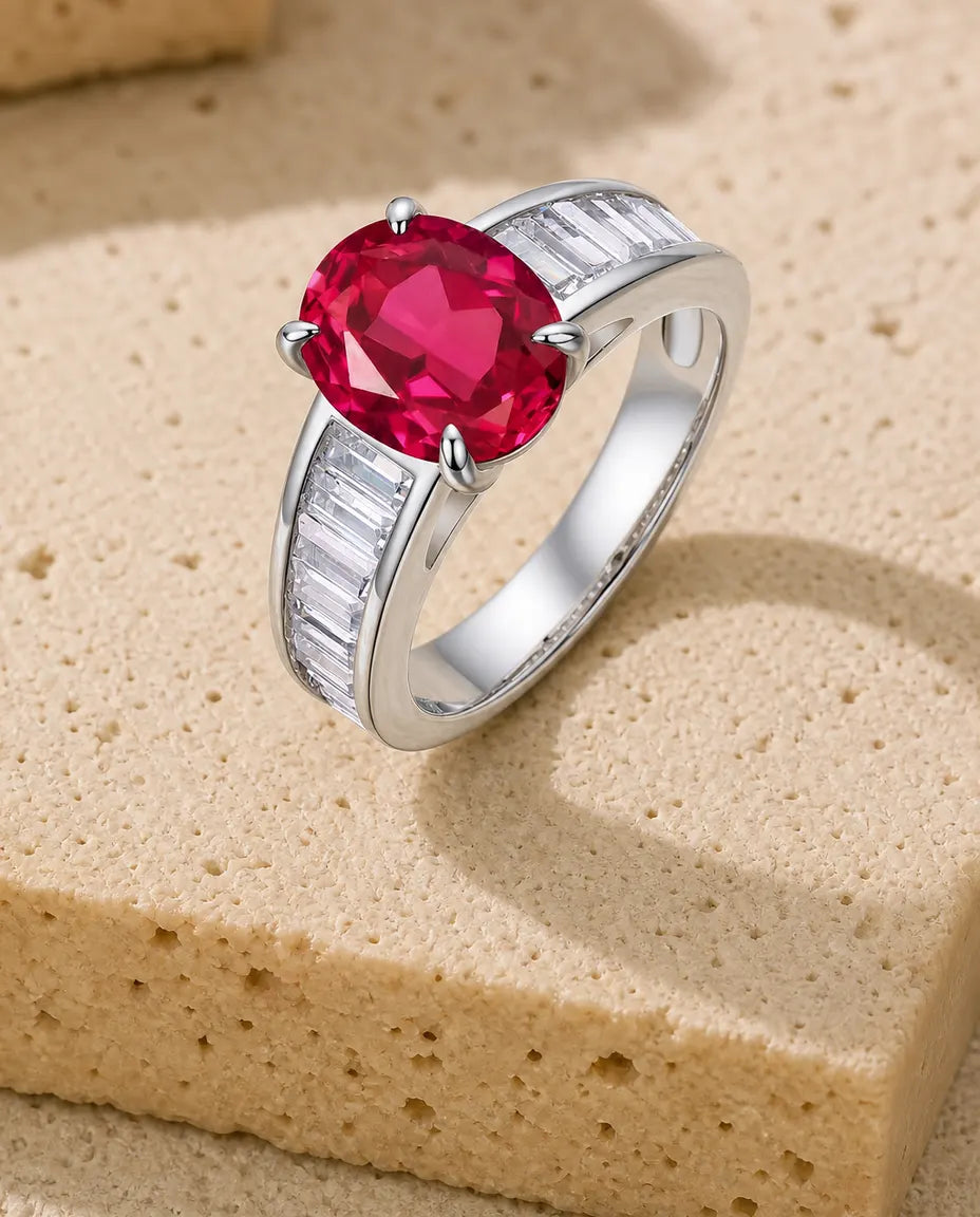 Rubinring Solitär – Oval Labbskapad Rubin med Baguetteaxlar i 925 Sterling Silver