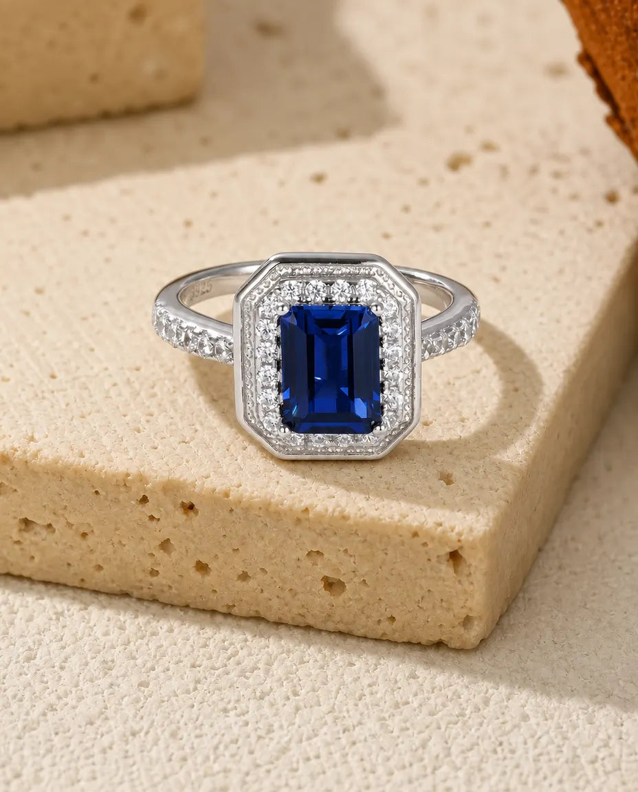 Safirring Halo – Oktagonslipad Labbskapad Blå Safir i Art Déco-stil, 925 Sterling Silver