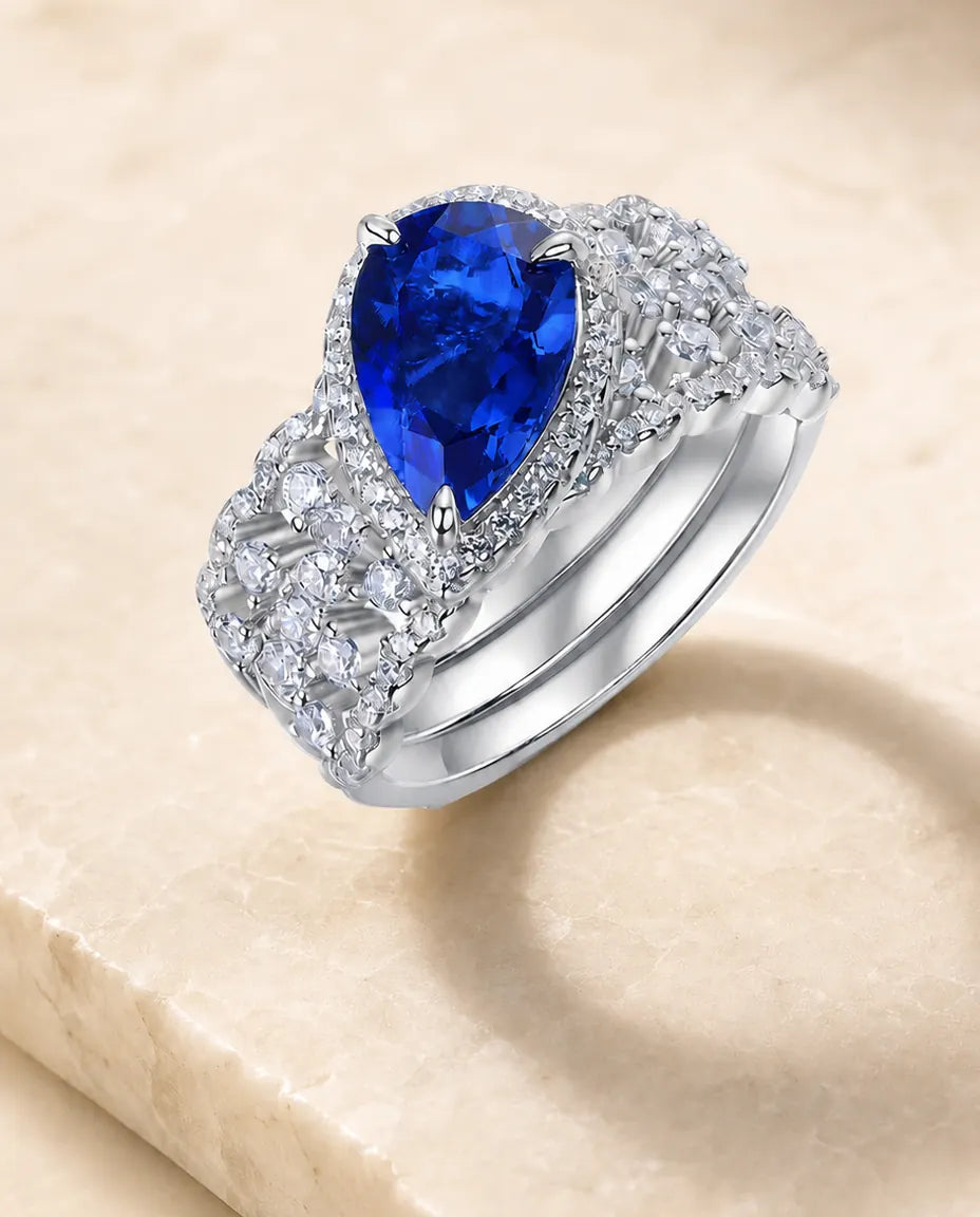 Safirring Ringset – Päronslipad Labbskapad Safir med Halo, Två Ringar i 925 Sterling Silver