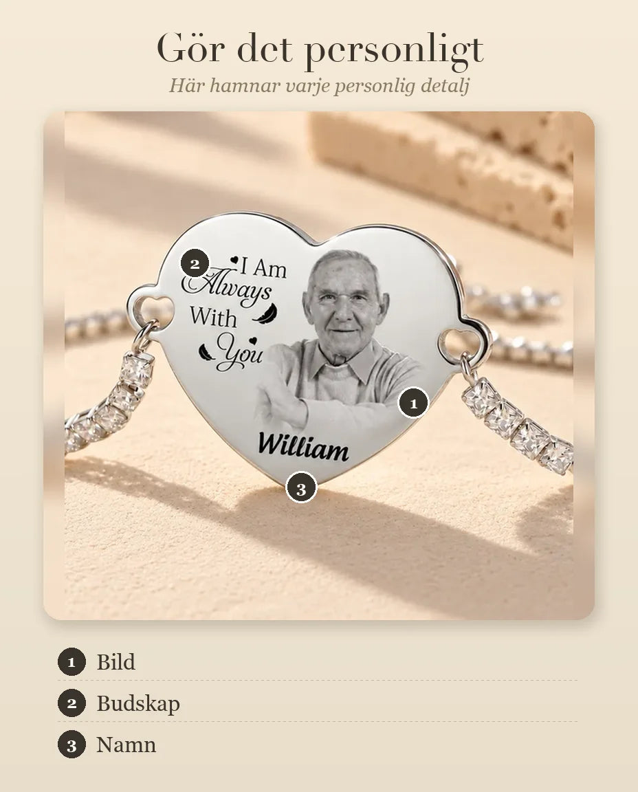 Guide för personalisering av armbandet med hjärta och bild: bild, budskap och namn