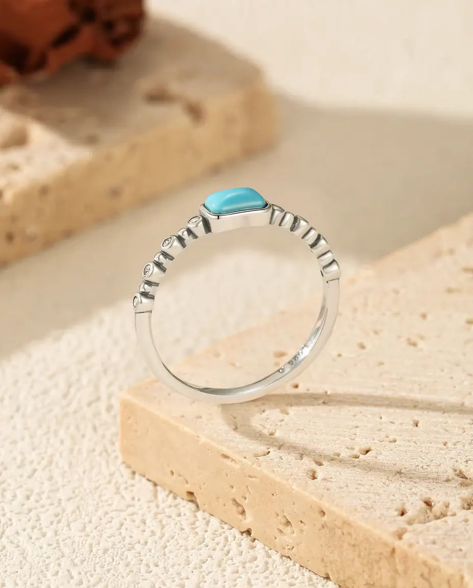 Turkos Ring - rektangulär cabochon på pärlad skena med zirkonia, storlek 5 till 9, 925 sterlingsilver