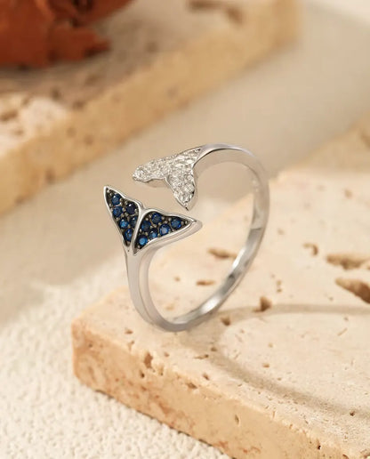 Valstjärt Ring öppen justerbar - blå och vita stenar, storlek US 6 till 9, 925 sterlingsilver