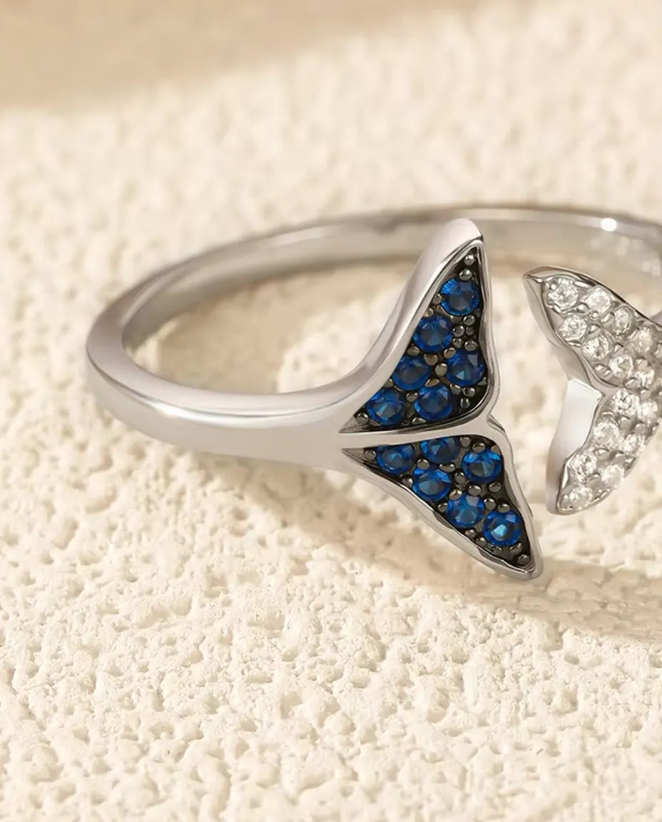 Valstjärt Ring öppen justerbar - blå och vita stenar, storlek US 6 till 9, 925 sterlingsilver