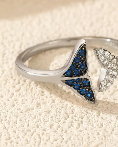 Valstjärt Ring öppen justerbar - blå och vita stenar, storlek US 6 till 9, 925 sterlingsilver