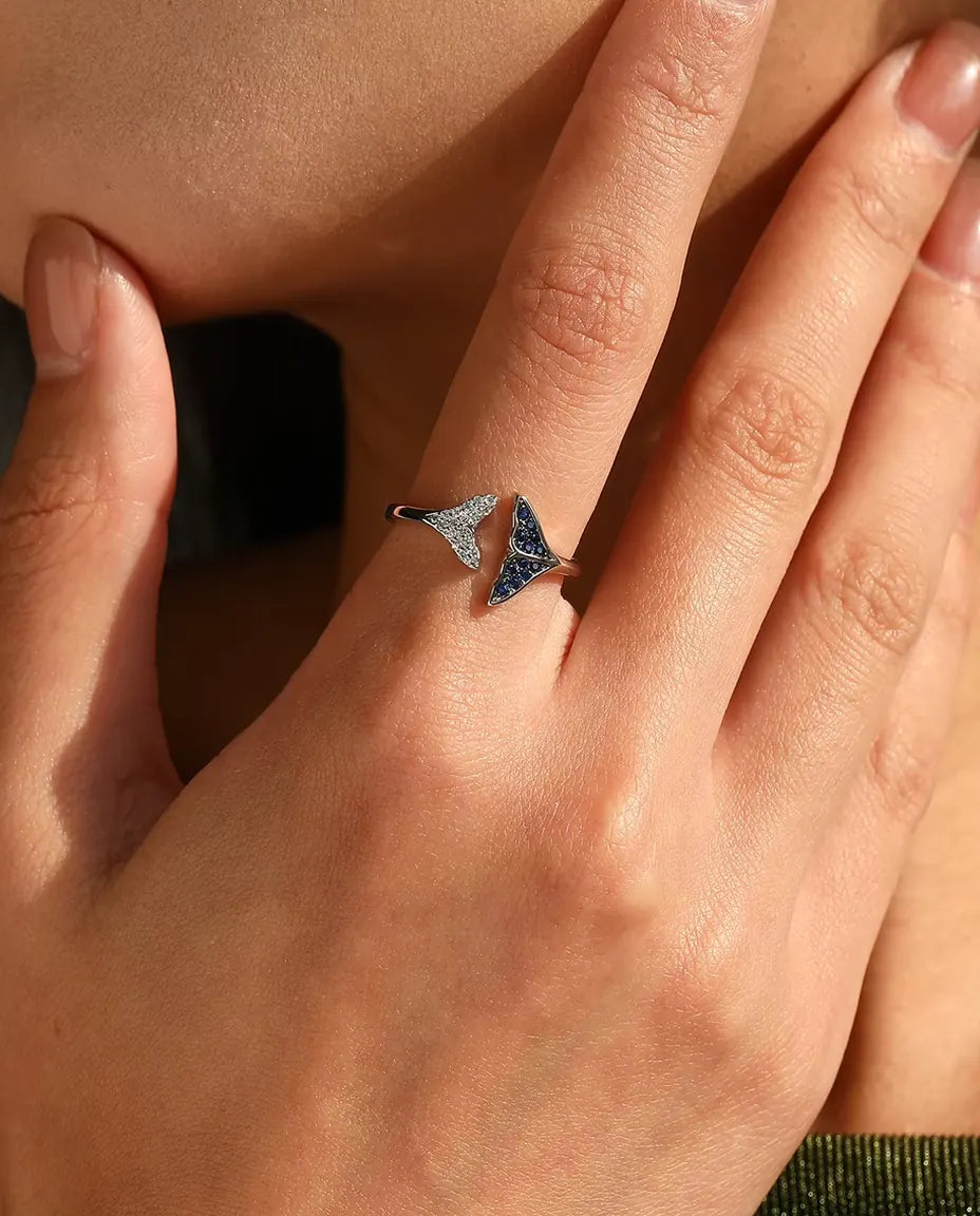 Valstjärt Ring öppen justerbar - blå och vita stenar, storlek US 6 till 9, 925 sterlingsilver