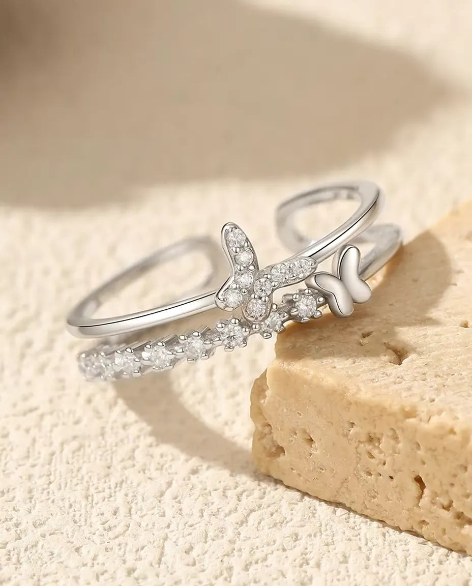 Zirkonia fjäril ring - två fjärilar på dubbel tråd med pavélinje, justerbar, 925 sterlingsilver, US 6-9
